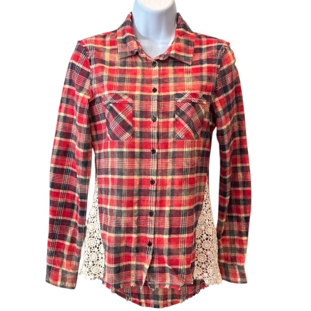 Anthropologie Plaid‎ Flannel Shirt with Lace Inserts – XS Western Boho Vibes 🌾